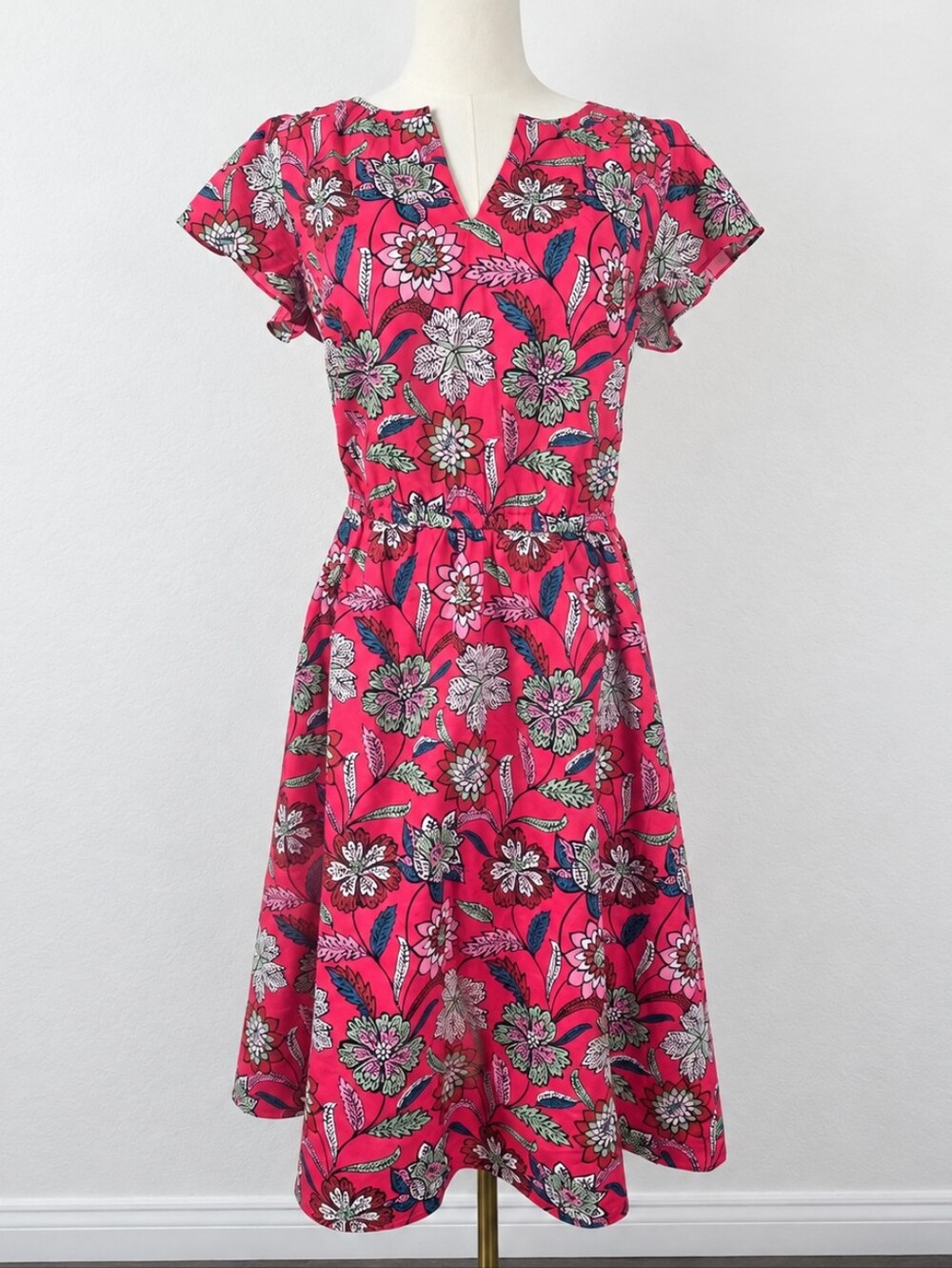 Talbots Pink Floral Cotton Midi Dress 10 Flutter Sleeve Garden Party Cottagecore